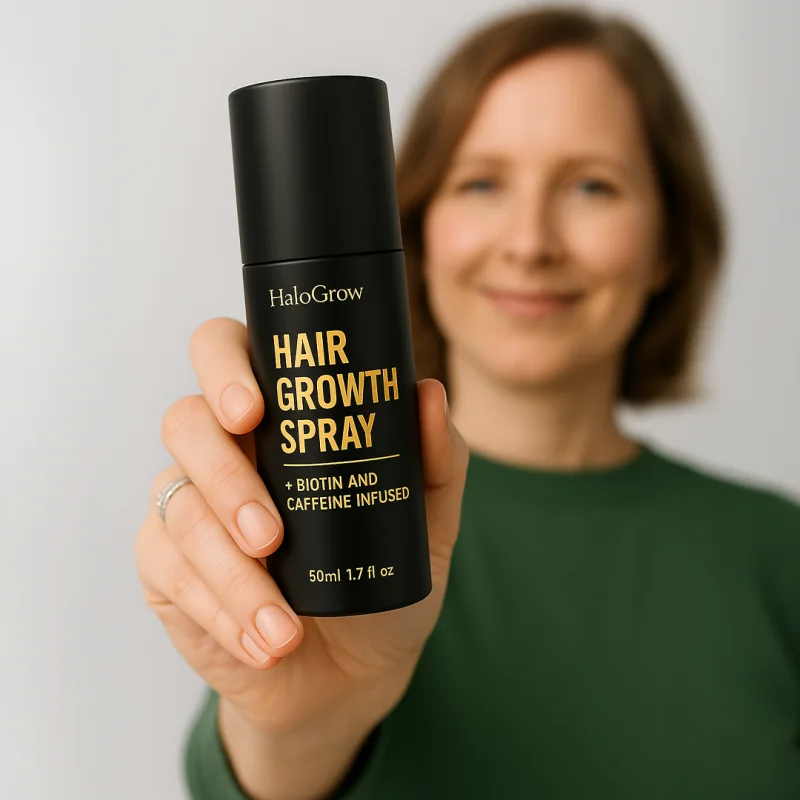 Customer holding a bottle of HaloGrow Hair Growth Spray