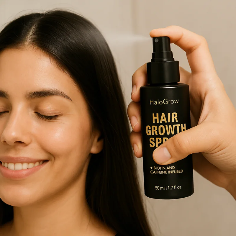 Woman holding HaloGrow Hair Growth Spray
