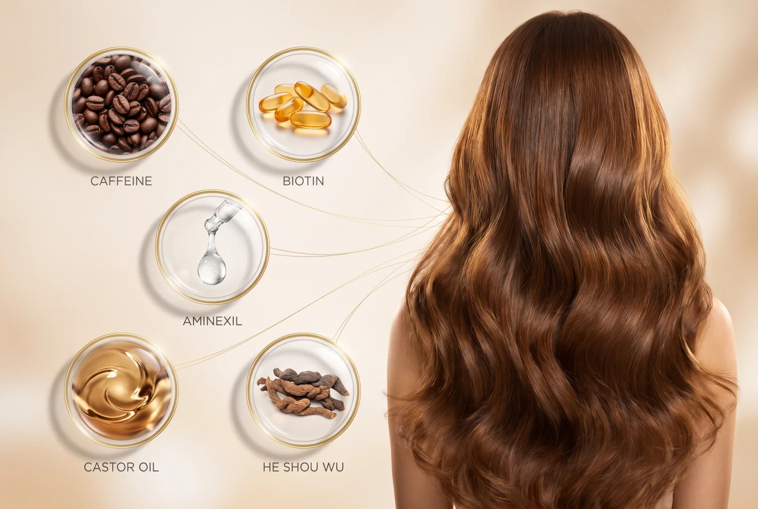 HaloGrow ingredients and woman with long healthy hair