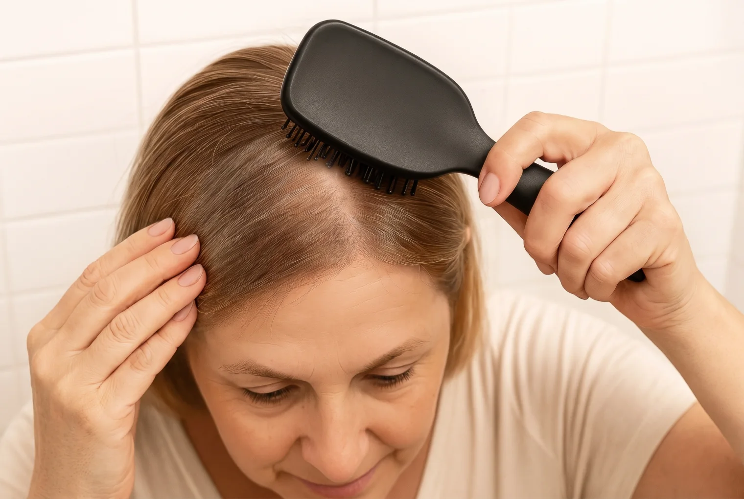 Woman examining thinning hair at her part