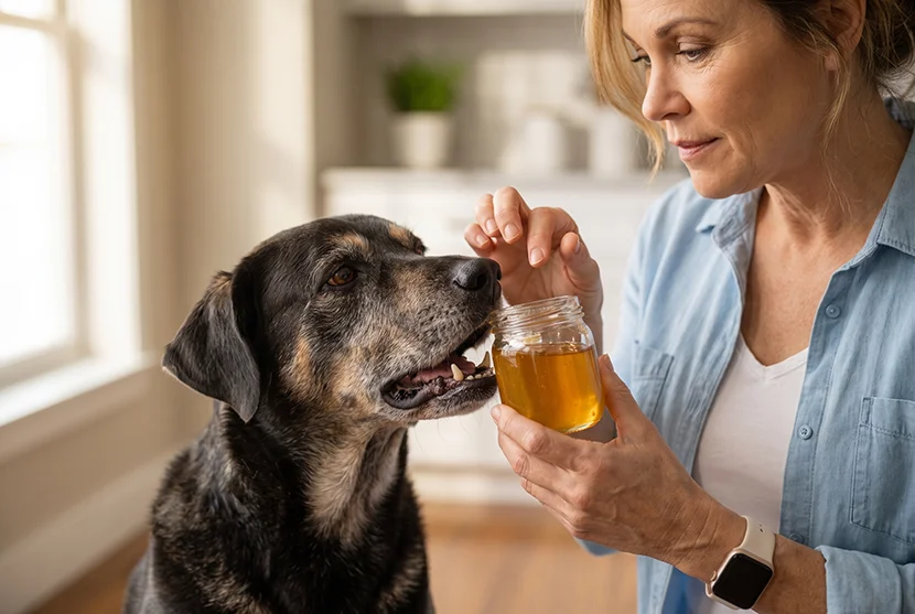 A woman offering a jar of honey to an older black and tan dog in a kitchen